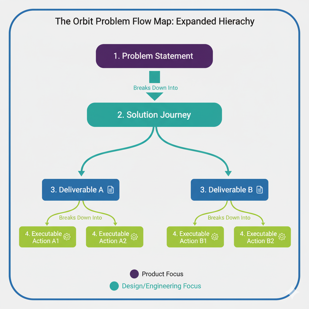 Hierarchical diagram showing the flow from Problem Statement down to Executable Actions.
