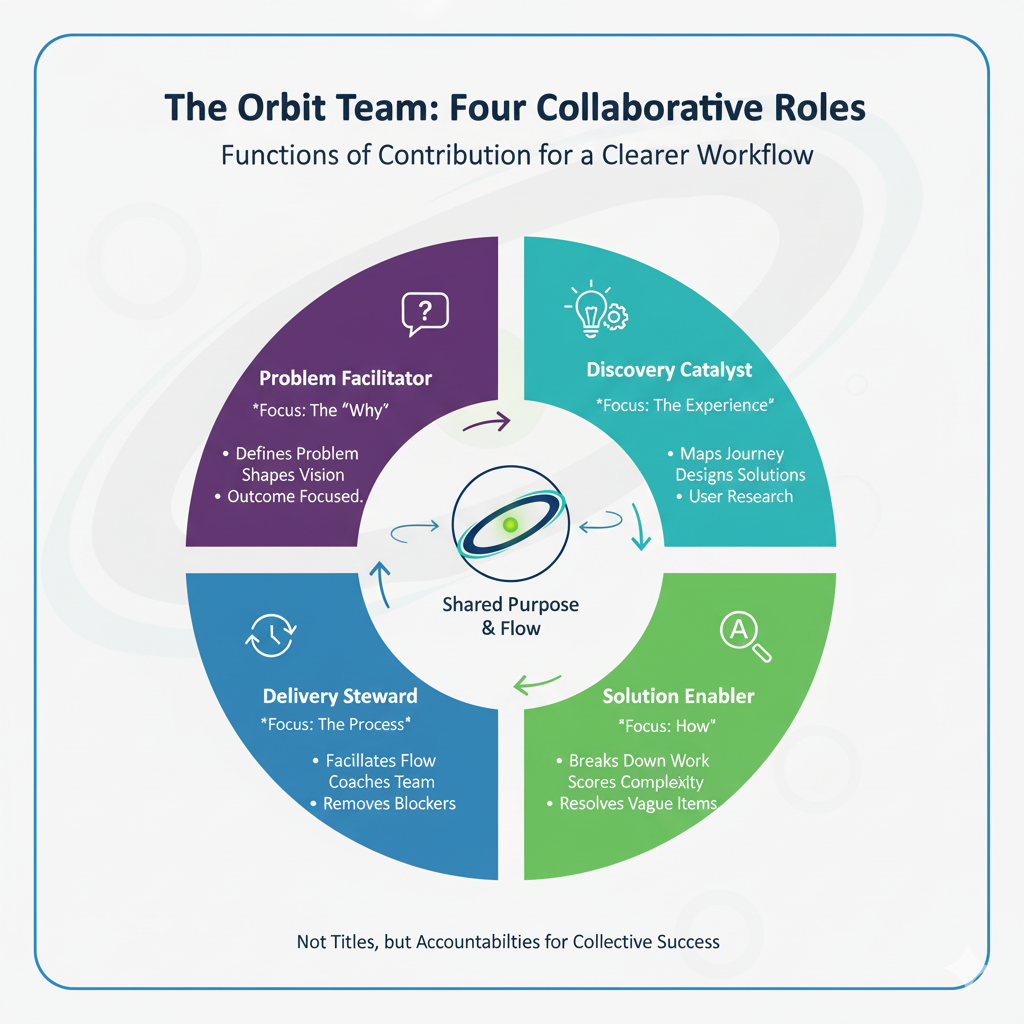 Diagram showing the four collaborative Orbit roles: Problem Facilitator, Solution Builder, Discovery Catalyst, and Delivery Steward.